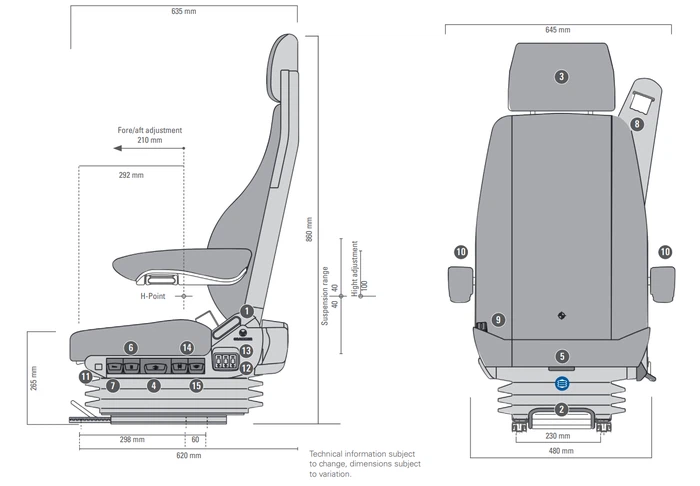 Technical drawings and dimensions of the MSG 90.3 replacement seat Technical drawings and dimensions of the MSG 90.3 replacement seat